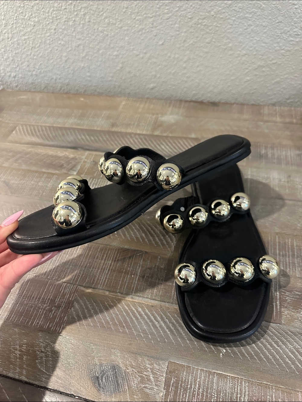Black Slide Sandals with Silver Orb Studs